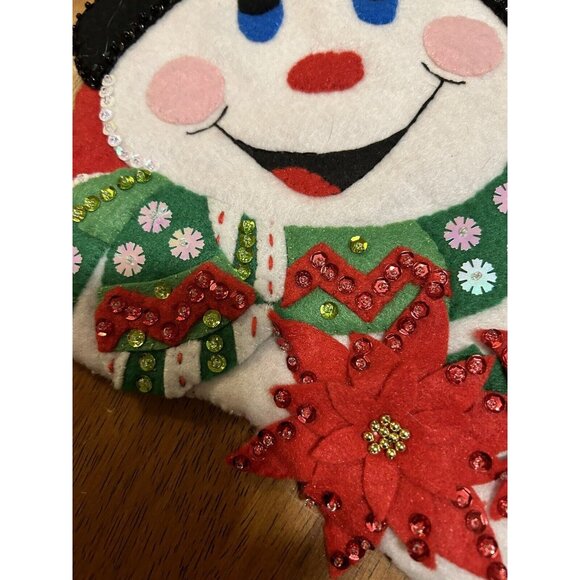 DesignWorks Crafts Felt Christmas Stocking Handcrafted "Pointsettia Snowman" 18" - Picture 4 of 9